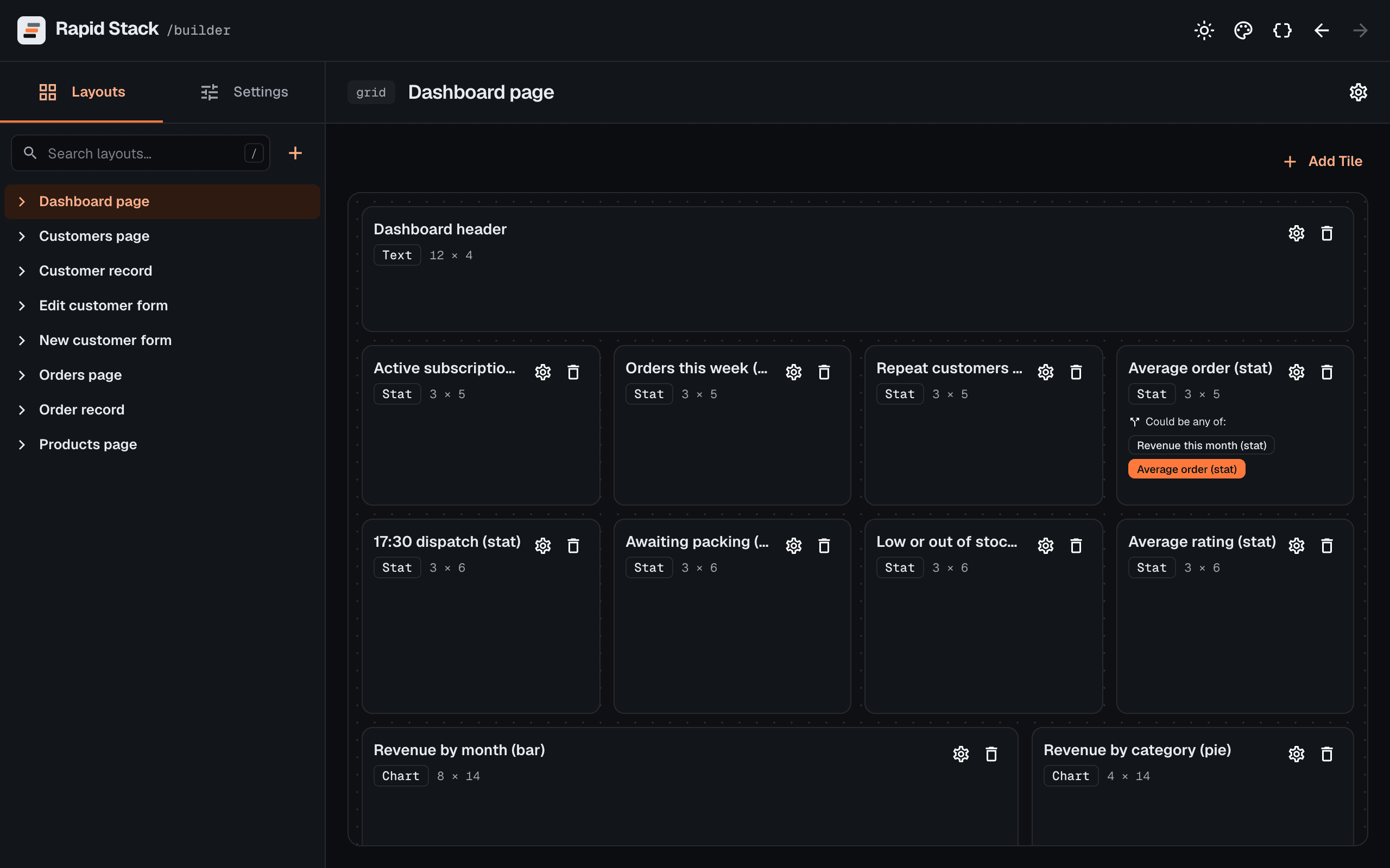The Rapid Stack builder editing a dashboard layout: stat tiles, charts and a page list on a responsive grid.