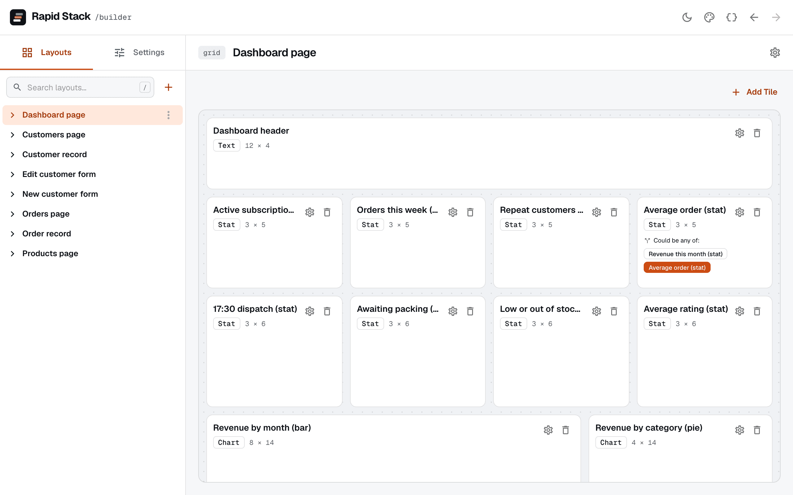 The Rapid Stack builder editing a dashboard layout: stat tiles, charts and a page list on a responsive grid.